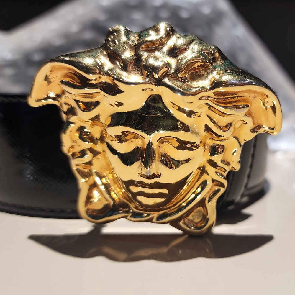 Versace Gold medusa patent leather belt